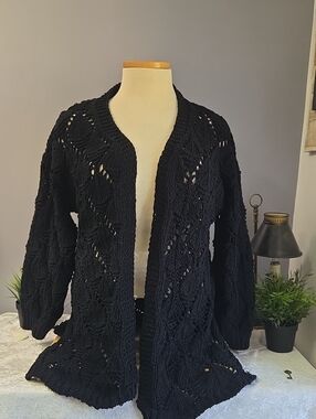 ADORA Black Open-Front Crochet Knit Cardigan